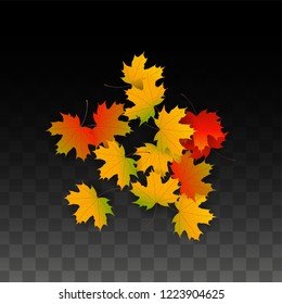 Autumn Vector Background with Golden Falling Leaves. Autumn Illustration with Maple Red, Orange, Yellow Foliage. Isolated Leaf on Transparent Background. Bright Swirl. Suitable for Banners.