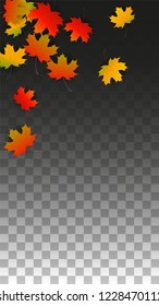 Autumn Vector Background with Golden Falling Leaves. Autumn Illustration with Maple Red, Orange, Yellow Foliage. Isolated Leaf on Transparent Background. Bright Swirl. Suitable for Cards.