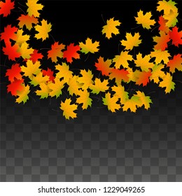 Autumn Vector Background with Golden Falling Leaves. Autumn Illustration with Maple Red, Orange, Yellow Foliage. Isolated Leaf on Transparent Background. Bright Swirl. Suitable for Cards.