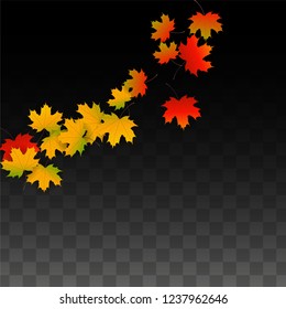 Autumn Vector Background with Golden Falling Leaves. Autumn Illustration with Maple Red, Orange, Yellow Foliage. Isolated Leaf on Transparent Background. Bright Swirl. Suitable for Covers.