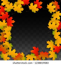 Autumn Vector Background with Golden Falling Leaves. Autumn Illustration with Maple Red, Orange, Yellow Foliage. Isolated Leaf on Transparent Background. Bright Swirl. Suitable for Covers.
