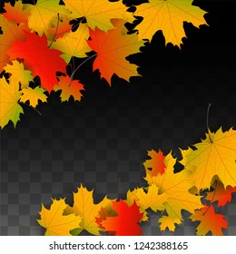 Autumn Vector Background with Golden Falling Leaves. Autumn Illustration with Maple Red, Orange, Yellow Foliage. Isolated Leaf on Transparent Background. Bright Swirl. Suitable for Covers.