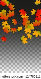 Autumn Vector Background with Golden Falling Leaves. Autumn Illustration with Maple Red, Orange, Yellow Foliage. Isolated Leaf on Transparent Background. Bright Swirl. Suitable for Banners.