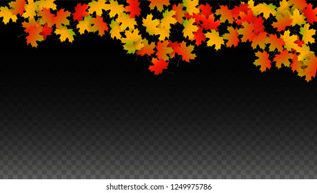 Autumn Vector Background with Golden Falling Leaves. Autumn Illustration with Maple Red, Orange, Yellow Foliage. Isolated Leaf on Transparent Background. Bright Swirl. Suitable for Banners.
