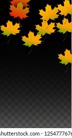 Autumn Vector Background with Golden Falling Leaves. Autumn Illustration with Maple Red, Orange, Yellow Foliage. Isolated Leaf on Transparent Background. Bright Swirl. Suitable for Cards.