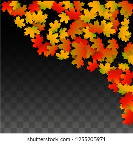 Autumn Vector Background with Golden Falling Leaves. Autumn Illustration with Maple Red, Orange, Yellow Foliage. Isolated Leaf on Transparent Background. Bright Swirl. Suitable for Posters.