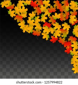 Autumn Vector Background with Golden Falling Leaves. Autumn Illustration with Maple Red, Orange, Yellow Foliage. Isolated Leaf on Transparent Background. Bright Swirl. Suitable for Banners.