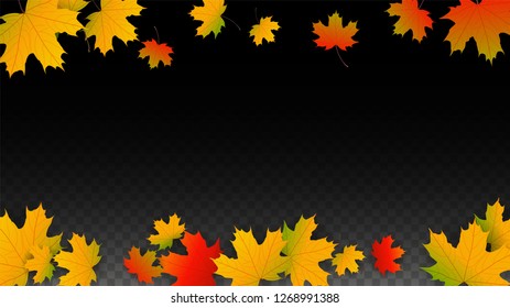 Autumn Vector Background with Golden Falling Leaves. Autumn Illustration with Maple Red, Orange, Yellow Foliage. Isolated Leaf on Transparent Background. Bright Swirl. Suitable for Cards.
