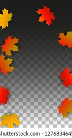Autumn Vector Background with Golden Falling Leaves. Autumn Illustration with Maple Red, Orange, Yellow Foliage. Isolated Leaf on Transparent Background. Bright Swirl. Suitable for Cards.