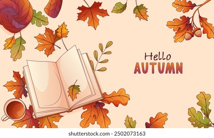 Fondo de Vector de otoño. Ilustración de libro abierto, taza de té, bufanda, hojas de otoño. Composición para tarjeta, Anuncio, cartel.