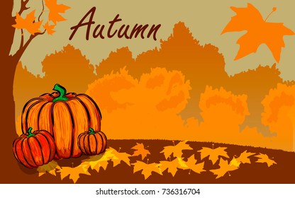 Autumn vector background illustration with trees and pumpkins