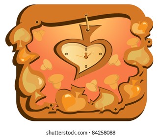 autumn vector background with leaf shaped clock; dry leaves and mushrooms