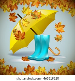 Autumn vector background with  leaves  yellow umbrella and rubber boots.