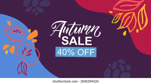Autumn vector background with lettering typography of autumn sale. Autumn sale banner, poster, background with signature. Apple, leaves, pomergranate. Sale template for postcard, invitation, card.