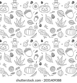 Autumn vector background line art natural straight pattern with autumn leaves, oak, lantern, pumpkin, morel berry. doodle autumn background