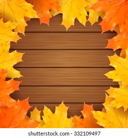 Autumn vector background with realistic maple leaves on wooden board
