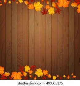 Autumn vector background with realistic maples leaves on wooden board