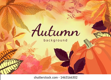 Autumn vector background. Red, yellow, orange, chocolate leaves and flowers, orange pumpkin on light yellow background. For shopping sale,promo poster, cards, frame leaflet, web banner.