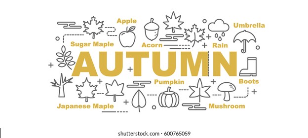 autumn vector banner design concept, flat style with thin line art icons on white background