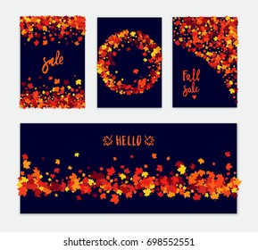Autumn vector banner set of scattered maple leaves in traditional Fall colors - orange, yellow, red, brown. All isolated and layered