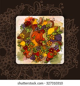 Autumn vector banner. Vector template with watercolor paint and fruits, vegetables, berries and flowers background. Pumpkin, orange, apple, pear, cherry, strawberry, lemon, pineapple, grapes, plums