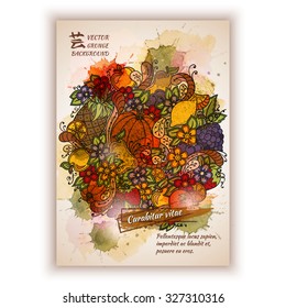 Autumn vector banner. Vector template with watercolor paint and fruits, vegetables, berries and flowers background. Pumpkin, orange, apple, pear, cherry, strawberry, lemon, pineapple, grapes, plums