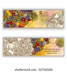 Autumn vector banners. Vector templates  with watercolor paint and fruits, vegetables, berries and flowers background. Pumpkin, orange, apple, pear, cherry, strawberry, lemon, pineapple, grapes, plums