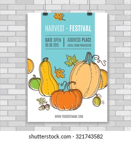 Autumn vector billboard, poster.Template for web, print industry, brand advertising. Hand drawing style. Organic farm illustration.