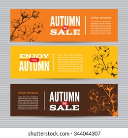 Autumn vector billboards, banners set with stems of cotton plants. Template for web, print industry, brand autumn sale advertising. Hand drawing style illustration.