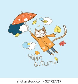 Autumn vector card with cartoon cat flying on an umbrella.