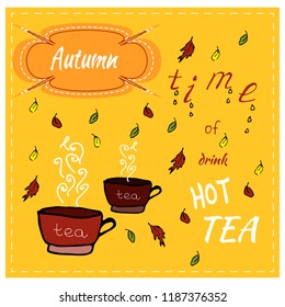 Autumn vector card. Cartoon vector element. Brown cups with hot tea and color leafs.