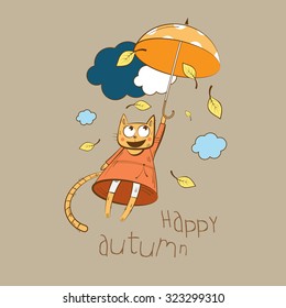 Autumn vector card with cute cartoon cat flying on an umbrella.