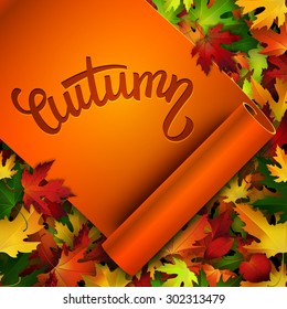 Autumn vector card, hand written text on realistic ribbon, colorful autumn leaves background