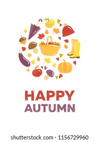 Autumn vector card "Happy Autumn" with cute colorful icons. Set of pictures for fall events and sea vacations. Farm circle illustration on white background with autumn elements