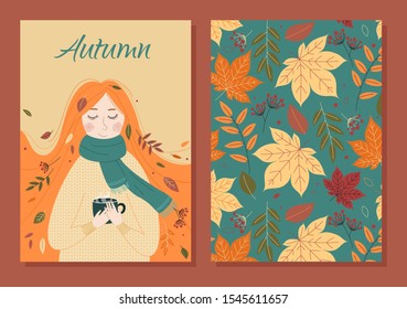Autumn vector card. Seamless pattern with leaves. Red-haired girl with a cup of hot drink, strewn with leaves. Postcards. Template.