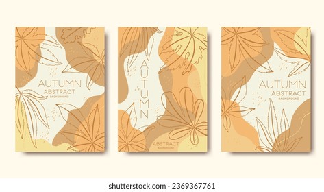 Autumn vector card templates collection with hand drawn leaves and abstract shapes background. Autumn foliage illustrations for social media, print, card, banner