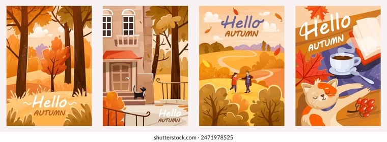 Autumn vector cards set. Cartoon illustrations of fall leisure time and warm cozy home vibes. Happy family couple in the park, cute cat with a cup of tea and a book, forest background and city street.