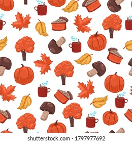 Autumn vector cartoon seamless pattern on white background.