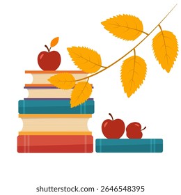 Autumn vector clipart featuring a stack of books, red apples and yellow fall leaves. Isolated educational element in flat style on editable or transparent background