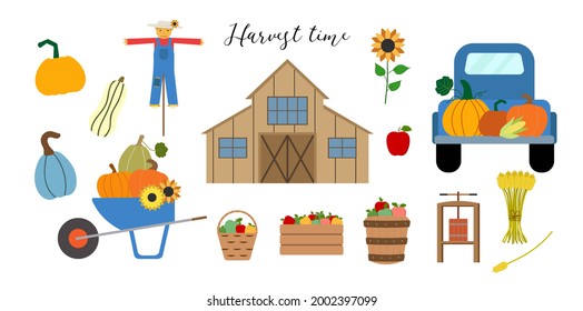 Autumn vector clipart with old wood barn, blue truck, scarecrow, wheelbarrow, pumpkins, apples in baskets and crate, cider press, sunflower isolated on white background.