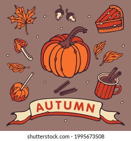 Autumn vector collection. Set of fall vector objects: pumpkin, leaves, mug, cinnamon, piece of pie, acorns, mushroom, apple with caramel. Doodle style