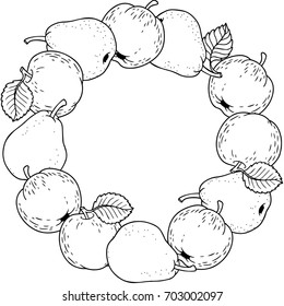 Autumn vector coloring page for adults. Black and white background silhouette. Round frame of ripe apples and pears. Thanksgiving Day.