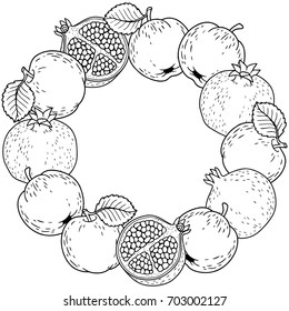 Autumn vector coloring page for adults. Black and white background silhouette. Round frame of ripe apples, pomegranates and honey pot. Thanksgiving Day. Rosh hashanah jewish new year holiday