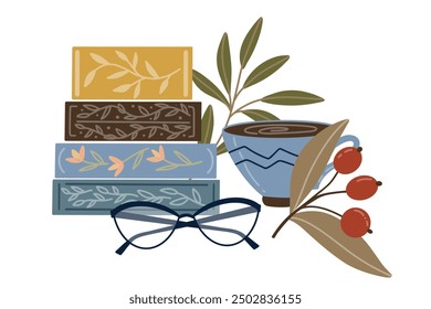 autumn vector composition. Book spines, glasses, a cup with a warm drink, sprigs of leaves and berries. Cozy clipart in autumn colors of blue, yellow and brown for stickers, cards, web design.