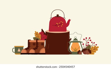 Autumn vector composition with boots, berries, acorns, leaves and a lantern. Fall cute illustration for banner, cards and posters. Hand drawn elements in simple geometric shapes. Camping cooking