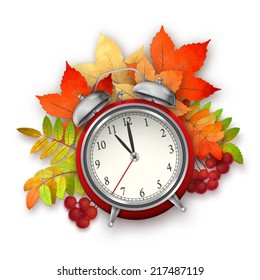 Autumn vector composition with fall leaves, alarm clock, red bow, Rowan berries on white background