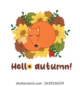 Autumn vector composition with fox; leaves; sunflowers, herbs and text hello autumn on white background