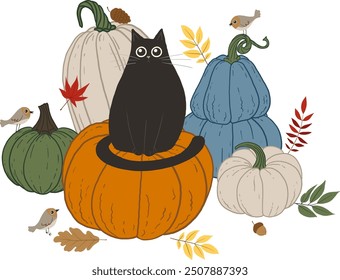 Autumn vector composition for Halloween. Black cat, pumpkins and leaves. Fall season mood.