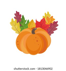 
Autumn Vector Composition With Orange Pumpkins And Colorful  Leaves In A Flat Style Isolated  On A White Background. Perfect For Illustrating The Fall And Harvest Season, Stickers, Halloween