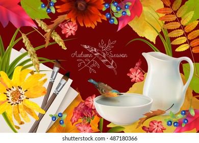 Autumn vector composition with a pitcher and bird drinking water from a pottery bowl, brush and sheets of paper